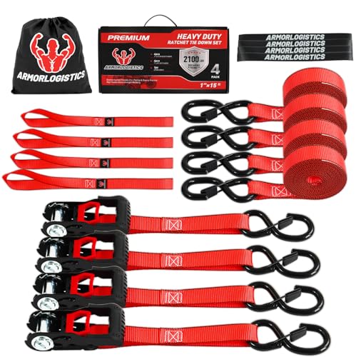 Ratchet Straps (4 Pack) - 1in x 15ft Motorcycle Strap Tie Downs with 15ft Soft Loops - 2,100lb Break Strength Ratchet Tie Down Straps for Motorcycles, Truck, Cargo - Safety S Hook, Storage Bag