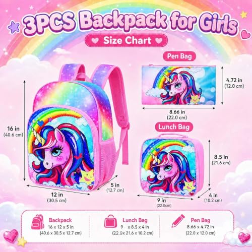 Image of 3PCS Unicorn Backpack, 16 inch Girls Rainbow Sequins Kids Bookbag with Lunch Box, School Bags for Elementary Preschool Kindergarten - Pink