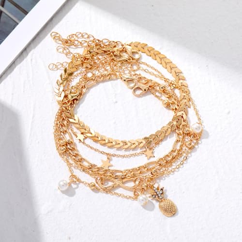 Image of Fesciory 14K Gold Plated Ankle Bracelets Sets For Women, Adjustable Layered Infinite Anklet, Summer Beach Butterfly Star Foot Chain Jewelry Gifts