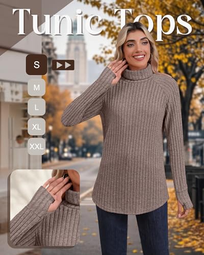 Ficerd 3 Pack Women's Turtleneck Long Sleeve Tunic Sweater Thumbhole, Ribbed Raglan Curved Hem Knit Shirts Loose Fall Winter2