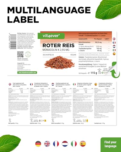 vit4ever Roter Reis Extrakt - 365 Kapseln mit 2,95mg Monacolin K + Traubenkernpulver + L-Leucin – Ohne unerwünschte, hochdosiert, vegan