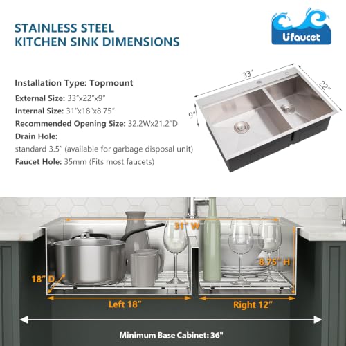 Image of 33 Inch Drop In Double Bowl Kitchen Sink, 33x22 Inch 60 /40 Topmount Workstation Sink, 16 Gauge Stainless Steel Double Basin with Included Cutting Board