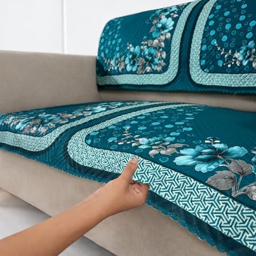 Image of Homerz 'Brooklyn Series' Premium Sofa Cover | Quilted Floral Design | Non-Slip Washable Sofa Protector | Soft Anti Slip Fabric (Teal, 2 Seater, Seat Cover with Backrest)