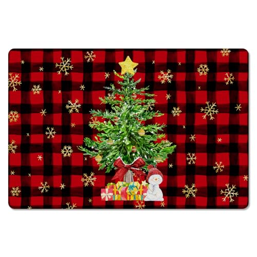 Christmas Tree Kitchen Bath Door Mat Cushioned Runner Rug,Washable Welcome Floor Sink Antifatigue Mat,Waterproof & Non-Slip Comfort Standing Doormat,Snowman Golden Snowflake Plaid Red 18