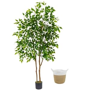 Artificial Ficus Tree, 6ft Tall Fake Ficus Tree with Basket, Faux Plant for Indoor Outdoor Home Livingroom Office Garden Porch Décor