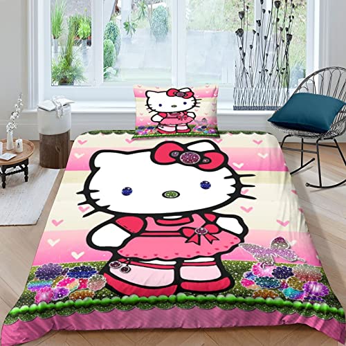 Hello Kitty Juego De Funda Nórdica Juego De Cama 3D Juego De Funda De Edredón Juego De Colcha De Microfibra Juego De 2 Piezas Funda De Edredón con Cierre De Cremallera Suave Single(135x200cm)