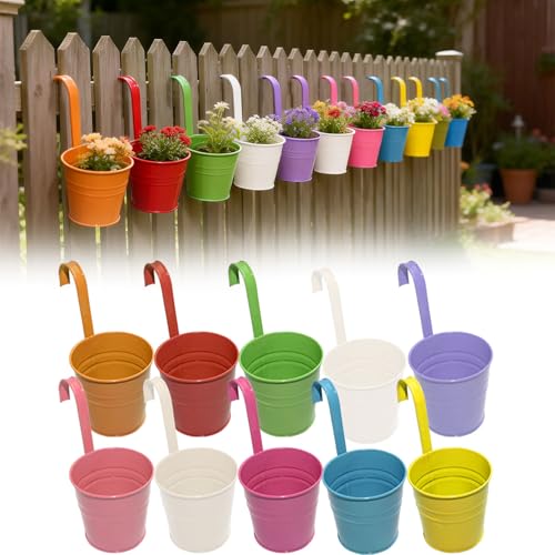 Armo 10 x Hanging Flower Plant Pots Large Metal Flower Pot With Vase Fence Hanging Garden Planter With Drainage Hole