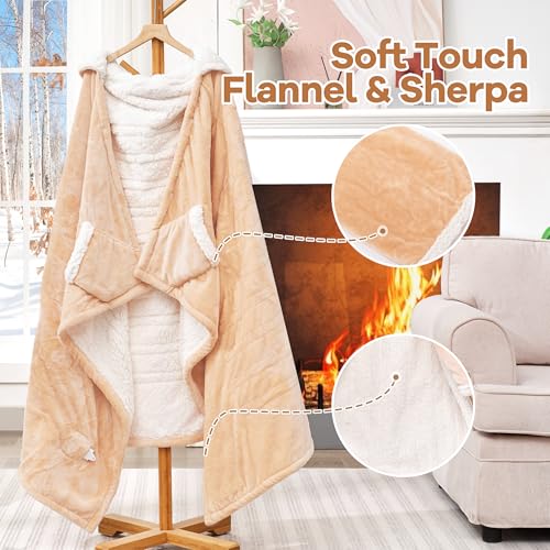 Electric Wearable Blanket Heated Blanket with Hood and Pocket, Flannel & Sherpa Electric Snuggle Throw Blankets, 6 Heating Levels Setting & 4 Hours Auto Shut Off,40 * 70",Machine Washabl(Shrot, Beige)