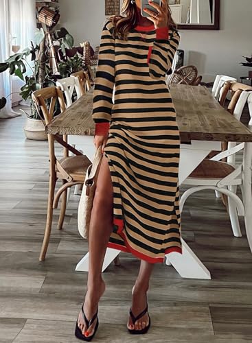 Dokotoo Fall Dresses for Women 2024 Striped Color Block Long Sleeve Crewneck Side Splits Casual Loose Long Maxi Dress3