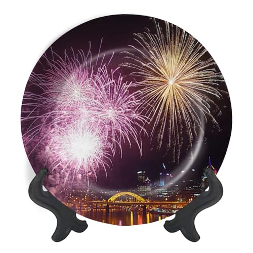 Decorative Plates for Display PIttsburgh Fireworks Gift Plates Ceramic Collections Plates Hanging Artwork for Living Dining Room Kitchen Souvenir