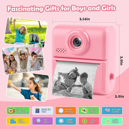 Image of Kids Instant Print Camera, 1080P HD Digital Camera with 32GB Card | 2.0 inch Screen, Thermal Printing, 16X Zoom, 48MP Pixels, BPA-Free Print Paper, MP3 and Creative Modes, Gifts for Kids Ages 3-12
