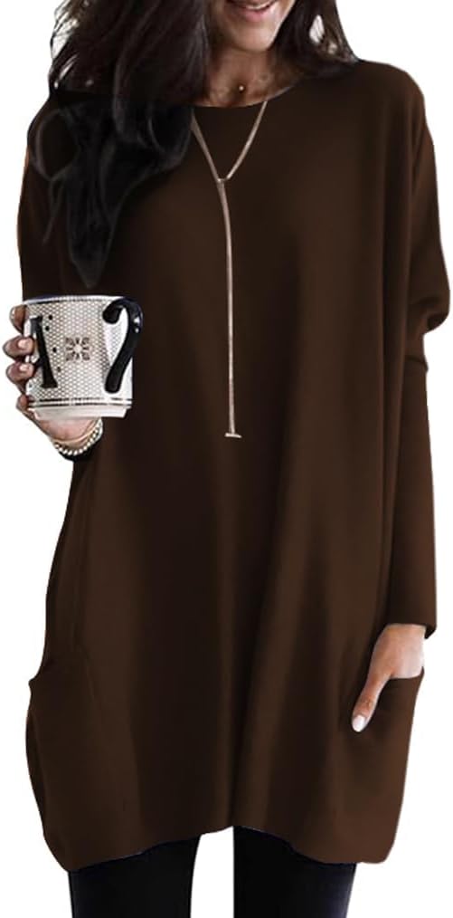 Poetsky Fall Womens Tunic or Tops to Wear with Leggings Long Sleeve Casual Long Shirts Blouses with Pockets