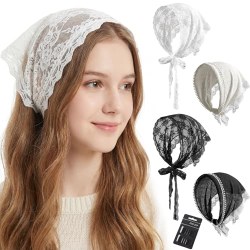 obeoby 4 Pack Lace Bandanas Head Scarf for Women White Hair Scarf Bandana for Wedding Bridal Headband Kerchief Spring Summer Hair Accessories