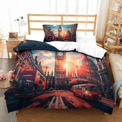 QazwYu London Cityscape Housse De Couettes Parure De Lit Parure Housse De Couette 3D Chambre Décor 3Pcs Housses De Couette Single(135x200 cm)