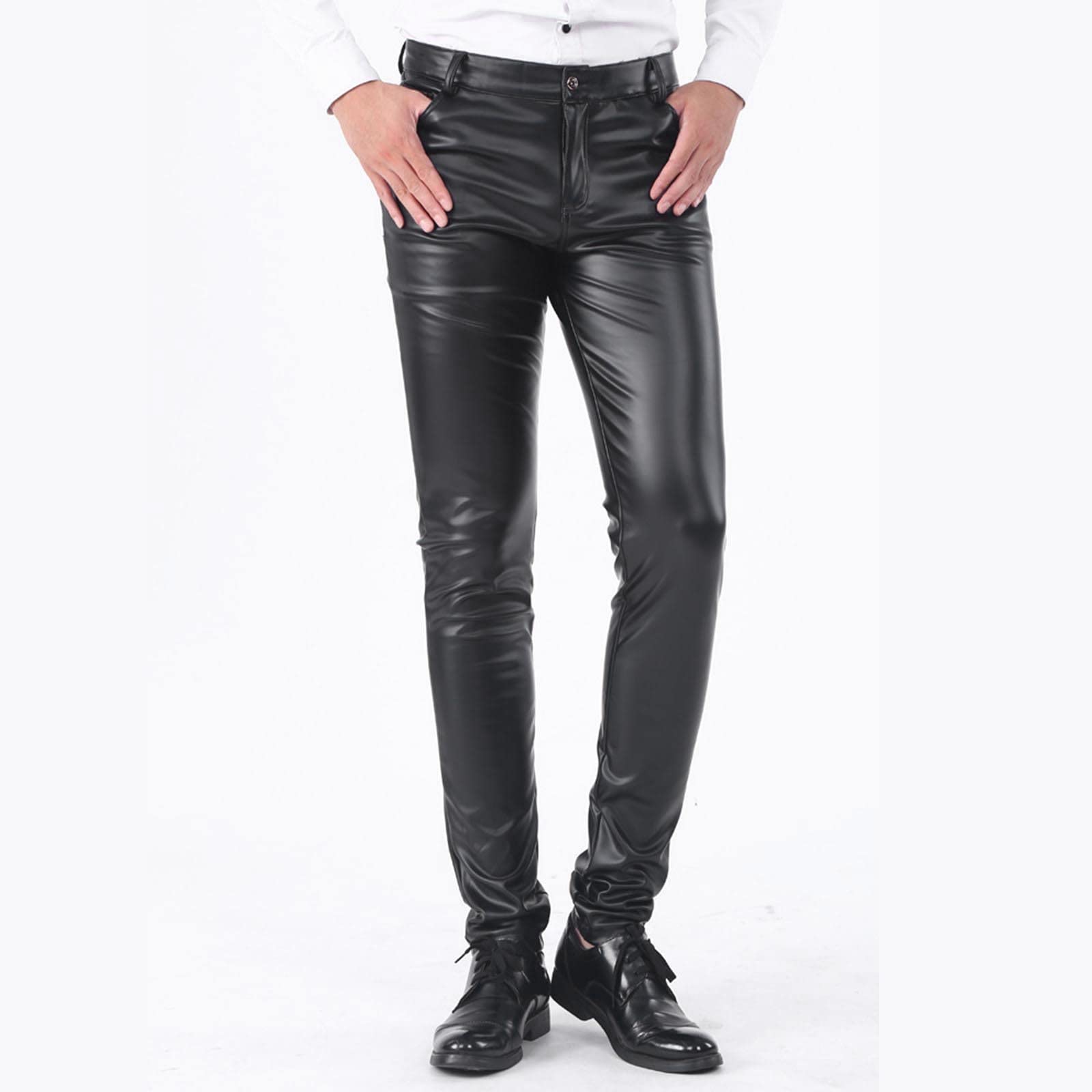 2026 Pantalones de cuero de corte estrecho para hombre Leggings color elástico tendencia motocicleta pantalones de cuero