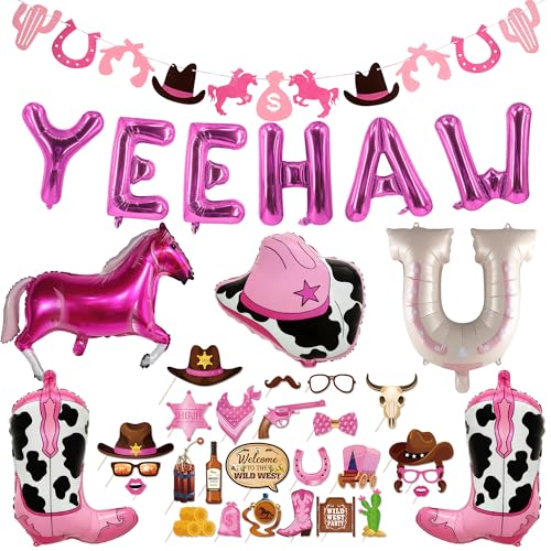Lot de 37 ballons décoratifs de fête de cowgirl occidentale - Décoration de fête - Rose Yee Haw - Ballons en aluminium - Accessoires photo pour enterrement...