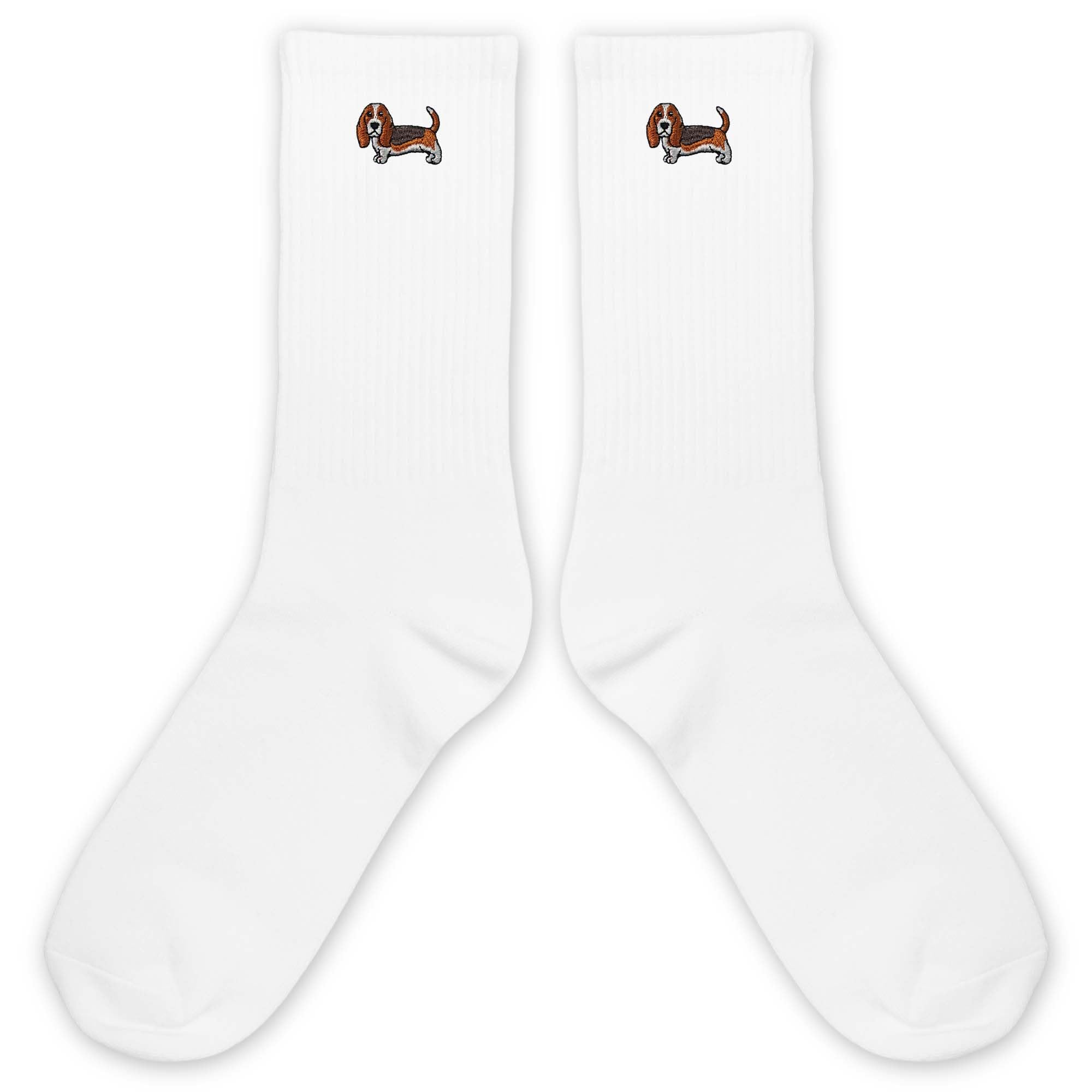 Basset Hound Socks for Women or Men - Cute Cartoon Basset Dog Design Embroidery White Crew Socks.(029)
