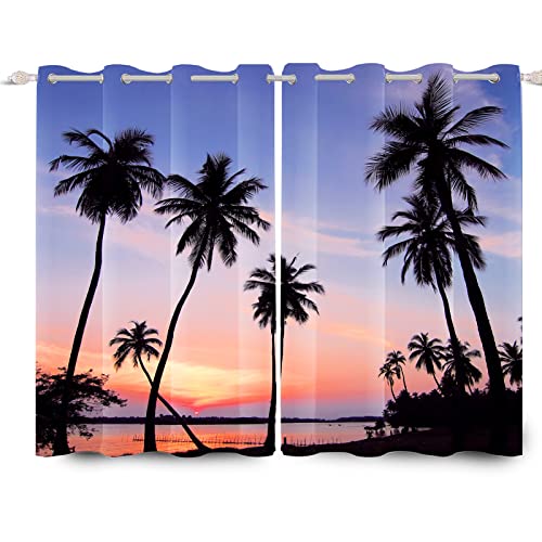 YongFoto 168x229cm Playa Cortinas de Ventana para recámara, Palmeras Silueta Cortinas Isla Crepúsculo Cielo Rosa Apagón Cortinas de Ventana para Salón Guardería, 2 Paneles con Ojal Cover