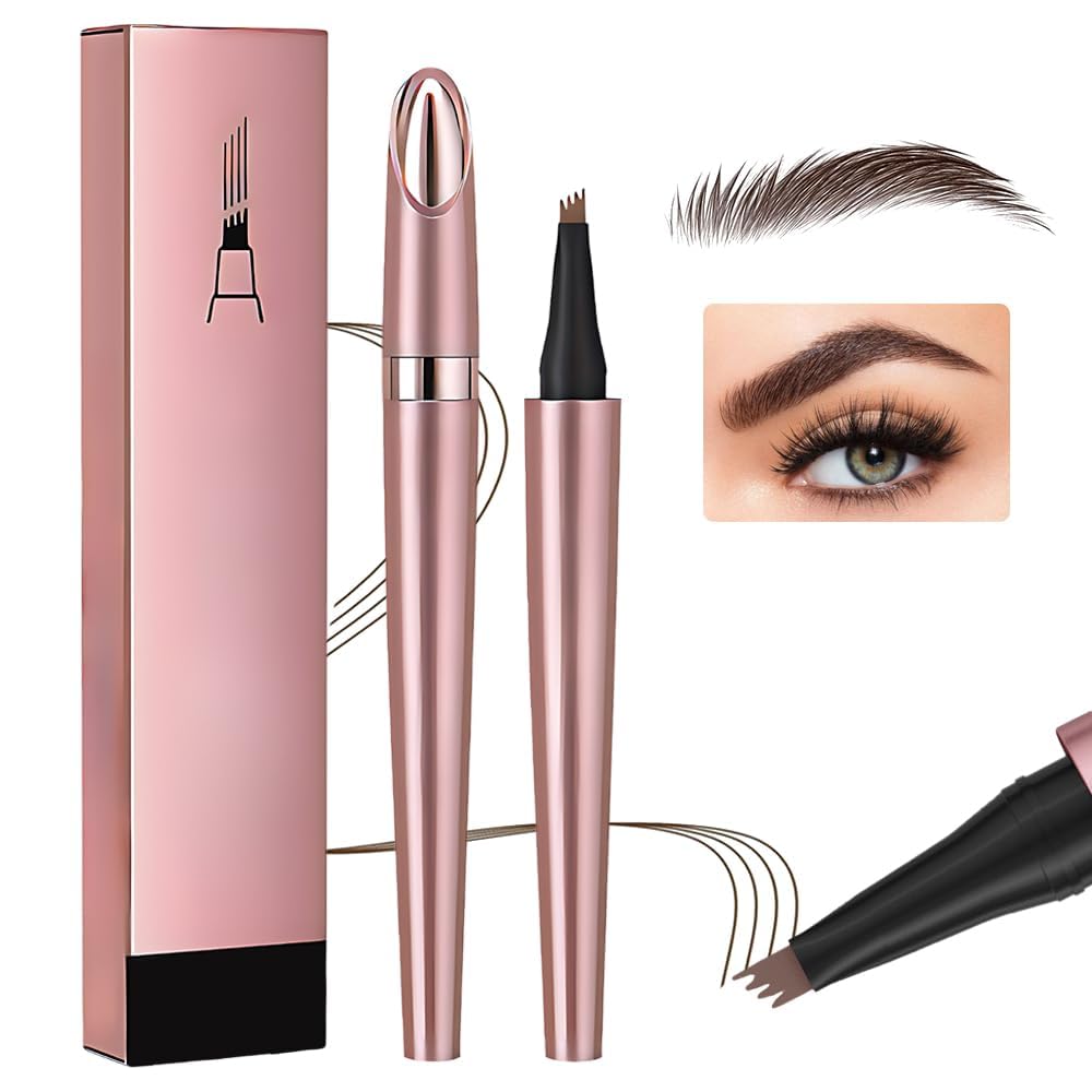 Microblading Eyebrow Pencil, New 3D Waterproof Magic Eyebrow Contouring Natural Makeup Pen, 4 Fork-Tipped Precise Brow Pen, Long-Lasting Fine Stroke Magic Eyebrow Pencil (Light Brown)