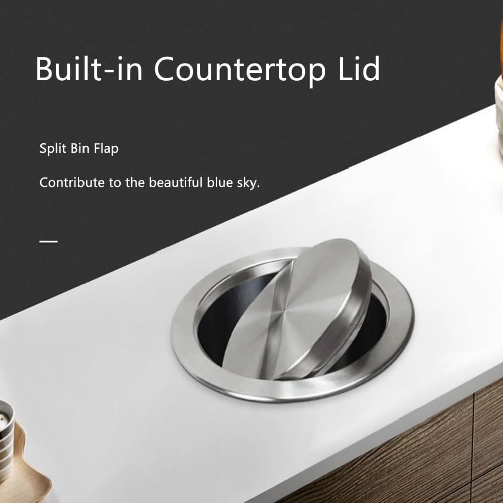 Trash Can Lid, Round Recessed Counter Top, Built-in Trash Bin Balance Flap Garbage Can Kitchen Bench Covers Stainless Steel Swing Lid