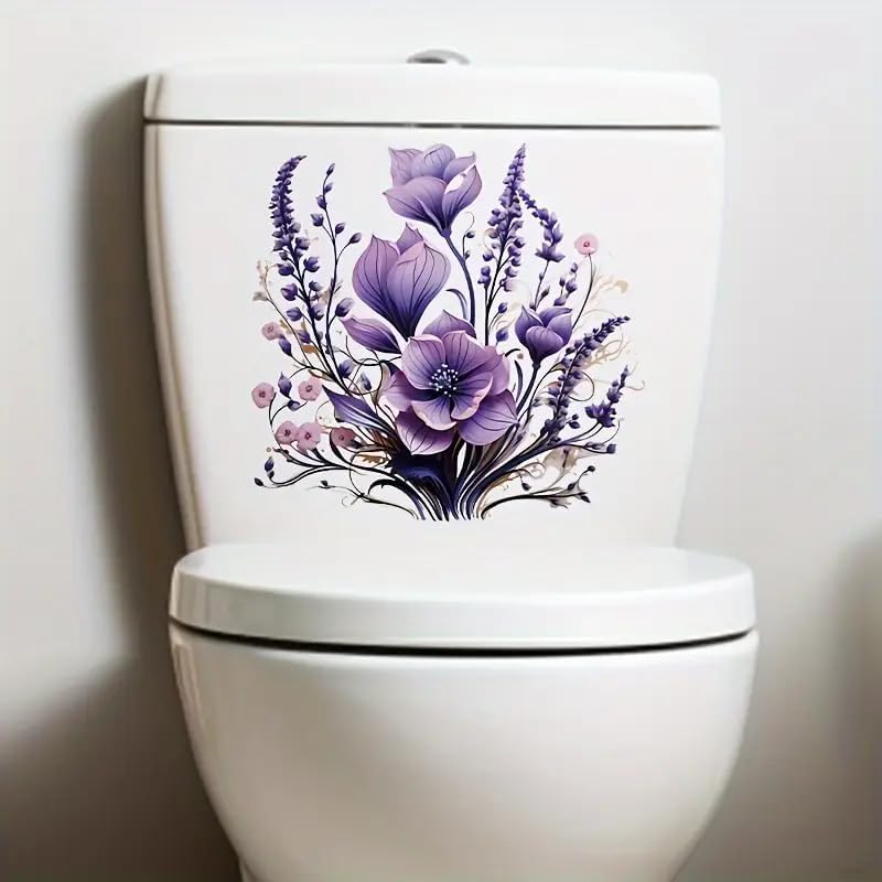 Merry Christmas Purple Floral Flower Basket Toilet Cover Sticker Decals, Tortoise Seaseed Fish Ocean Waterproof Toilet Lid Tank Seat Decals Cistern Self-Adhesive Bathroom Wall Sticker