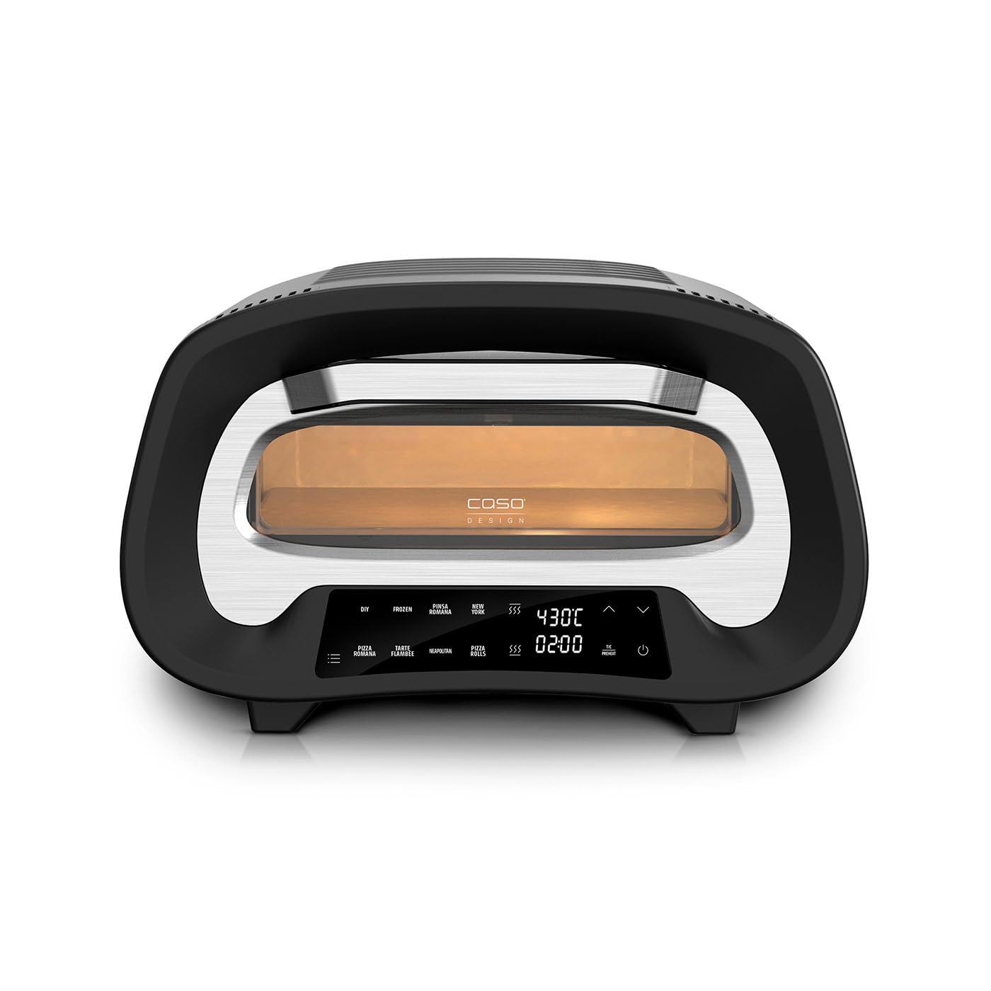 CASO PizzaChef 430° - Forno pizza elettrico per pizza italiana perfetta in soli 3 minuti, Termostato regolabile 80-430°C, Ricettario e Pala inclusi, Struttura in acciaio inox - colore nero