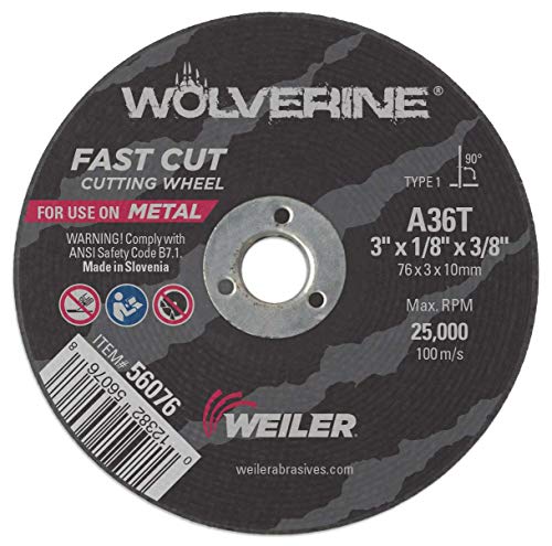 Image of Weiler 56076 3-Inch Cutting Wheel, Wolverine AO Steel /Metal Fast Cut, Value Cutting, 1 /8 inch A36T Type 1 3 /8 inch Arbor (Pack of 100)