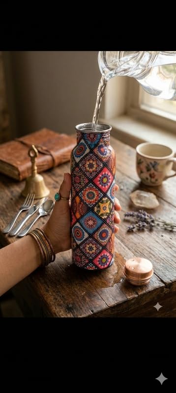 Image of Copper Water Bottle Pink Color Leakproof Ayurvedic Drinking Bottle for Home Office Gym Travel Pure Copper Bottle for Health Benefits Stylish and Durable Design