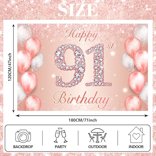 Image of Happy 91st Birthday Rose Gold Banner Cheers to 91 Years Old Backdrop Confetti Balloons Theme Decor for Women 91 Years Old Pink Birthday Party Decorations Bday Supplies Background Favors Gift Glitter