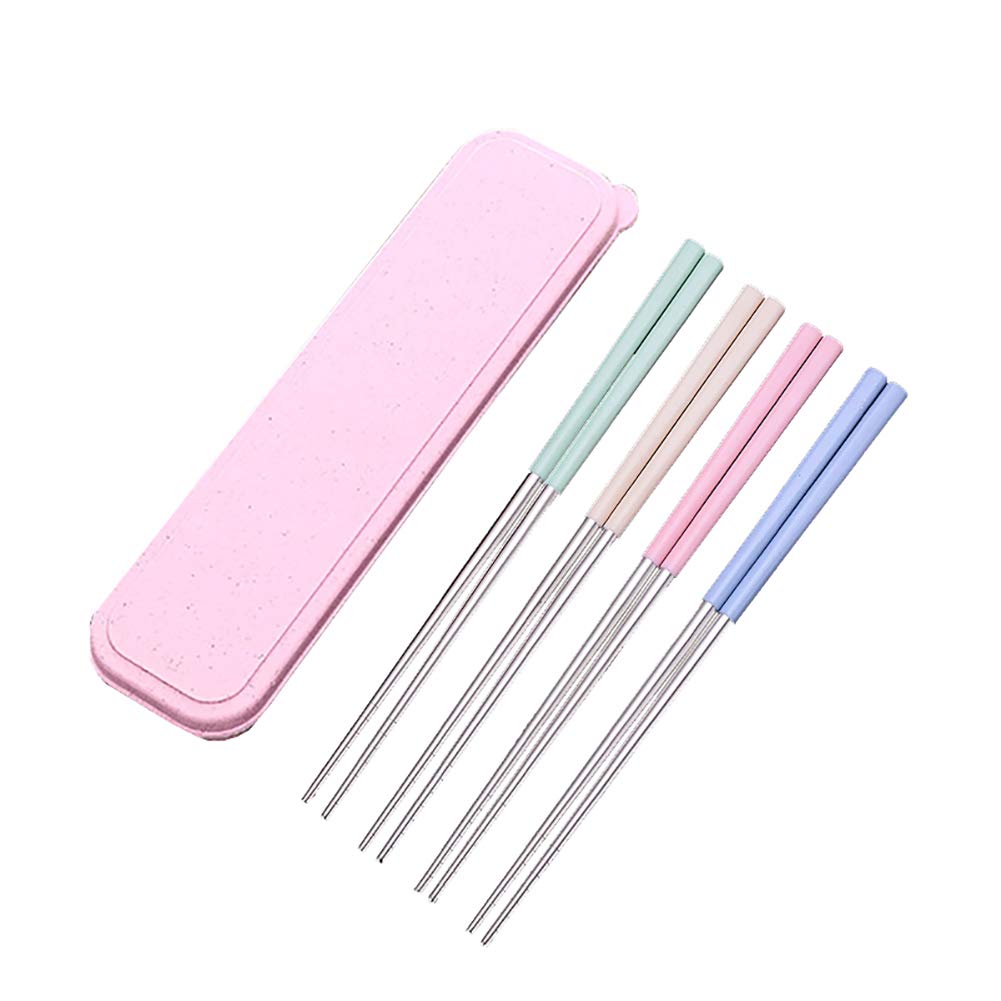 HugeDE 4 Pairs Stainless Steel Chinese Chopsticks Reusable Metal Chopsticks with a Storage Box
