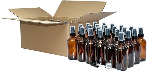 Miniatura 2 de GlassBottleOutlet (Paquete de 24) 4 oz. Ámbar Boston redondo con bomba de tratamiento negra