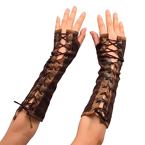 BPURB 1 Pair Women's Steampunk Fingerless Gloves Elbow Lace Up Gloves for Halloween Costume Cosplay Party brown, One Size - Image 2