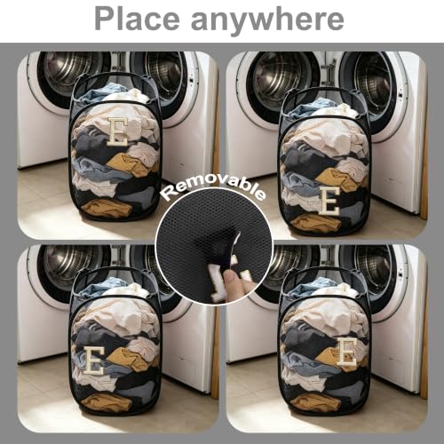 Image of Collapsible Pop Up Laundry Hamper, Extra Large with Removable Initial Letter E, Mesh Foldable Laundry Basket, 28 inch x 16 inch x 16 inch (Black)