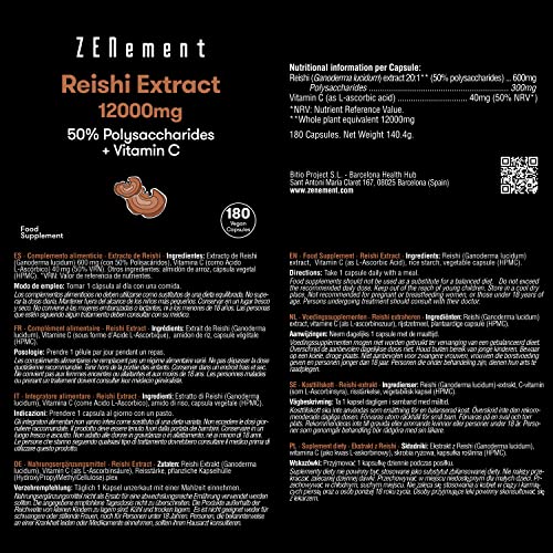 Reishi 12000 mg met Vitamine C, 180 Capsules | 50% Polysachariden | Energiegevend en Antioxidant | Veganistisch, geen… - Image 3