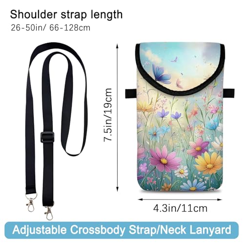 Image of Neoprene Cell Phone Sleeve Pouch Case Bag with Crossbody Strap Neck Lanyard for Women 7.5 X 4.3 in Colorful Flowers