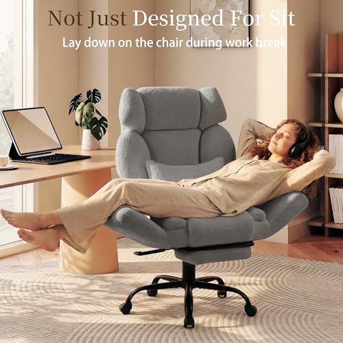 Image of Office Chair with Flip Armrests,Comfy Criss Cross Chair for Pets Sitting,Big and Tall Office Chair with Foot Rest,Extra Wide Seat & Lumbar Pillow,Ergonomic Computer Gaming Chair,Teddy Fleece,Grey