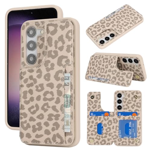 iCoverCase Compatible with Samsung Galaxy S23 Case with Card Holder Wallet Case for Women Men [RFID Blocking] PU Leather Protective Phone Case for S23 5G (Beige Leopard)