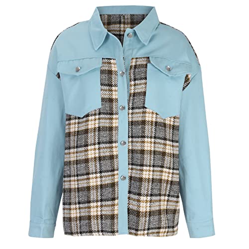 Amikadom Jaqueta feminina outono inverno manga longa denim gráfico xadrez vaqueira jaquetas Shacket