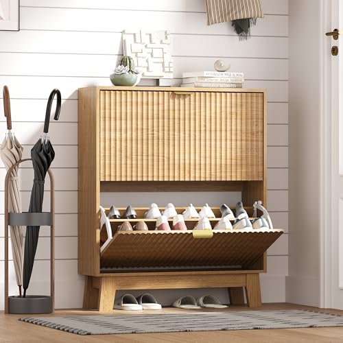 Image of HUANLEGO Shoe Cabinet Storage for Entryway with 2 Flip Drawers, Fluted Narrow Shoe Organizer with Wooden Legs, Freestanding Slim Shoe Storage Hidden Shoe Rack Organizer for Front Door Entrance, Oak