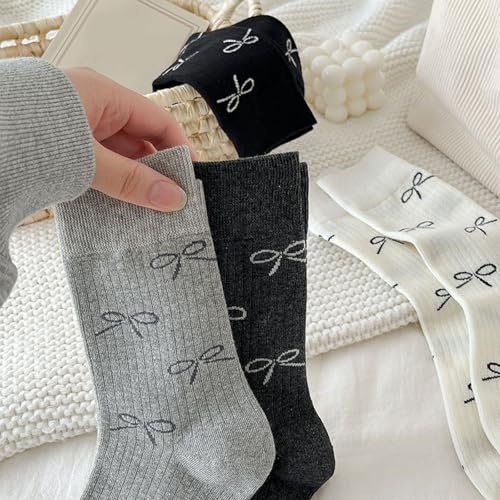 Fashionable Sweet Girl's Bowknot Pattern Ankle Socks Soft Cotton Casual Footwear Ribbed Middle Calf Socks For Daily Wear Scho3