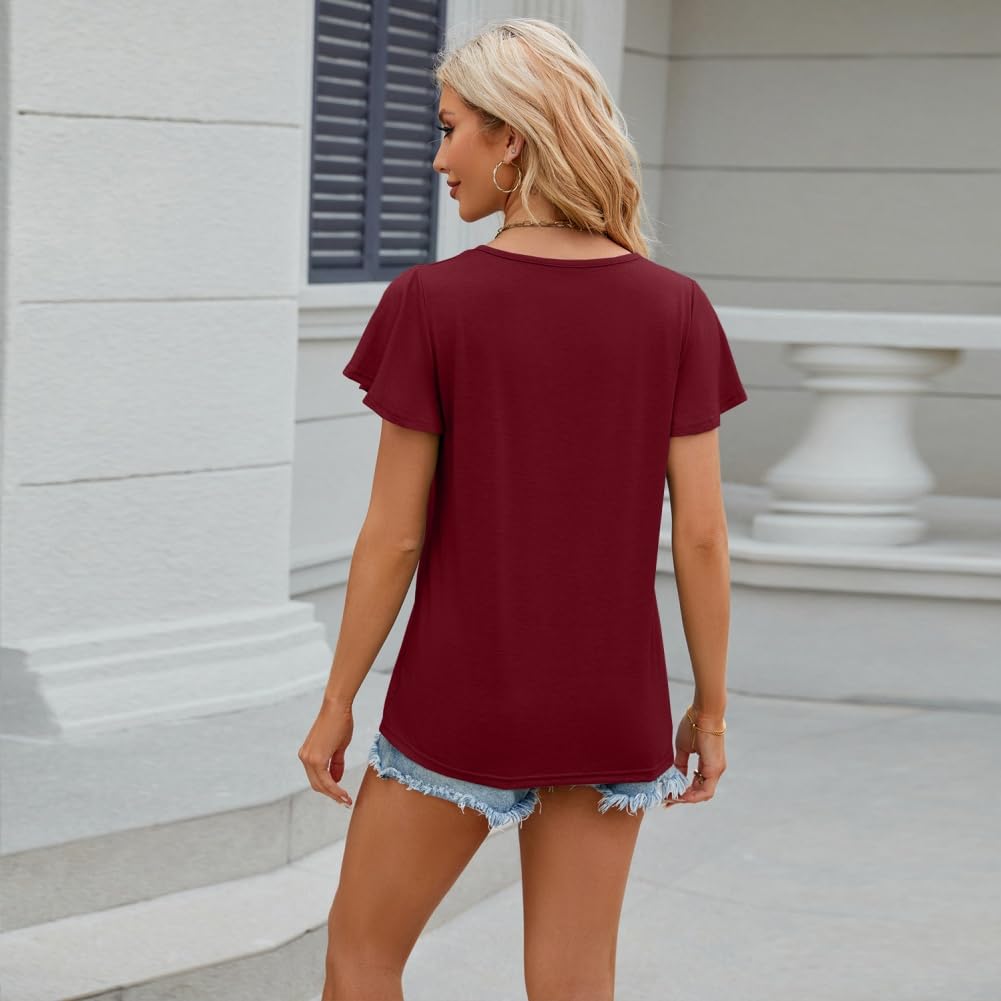 3-częściowy zestaw damski T-shirt z krótkim rękawem z dekoltem w serek modny top trend cienki na co dzień lato liść lotosu rękawy plisowane ubrania, 3 szt. - 2, L