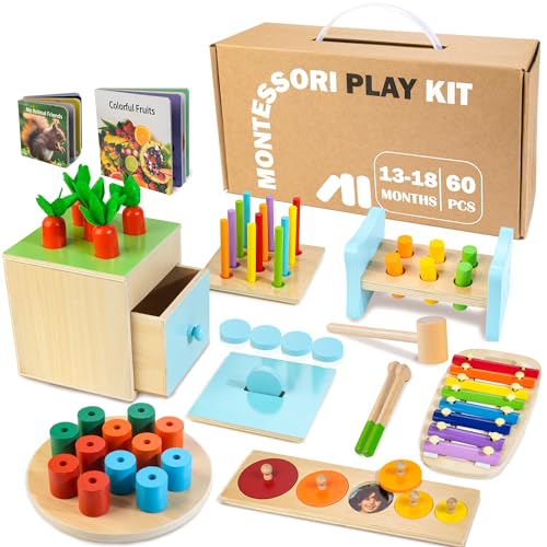 Wooden Montessori Toys for 1+ Year Old, 9 in 1 Learning Educational Toys for Toddler with Educational Box, Xylophone, Pound Bench, Shape Puzzle and More, Baby Toy Gift for 12-18 Months