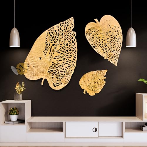 Image of SNS DECOR Luxury Metal Abstract Figures Leaf Wallart Set of 3 Handcrafted Wall Sculpture Wall Art Multicolor For Home Decoration (Shiny Golden)