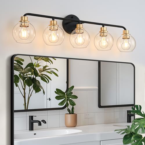 Image of 5 Light Bathroom Vanity Light, Black and Gold Bathroom Light Fixtures | with Clear Glass Shade Modern Wall Sconces Lighting Bath Wall Lights Lamp for Mirror Kitchen Living Room Bedroom Hallway