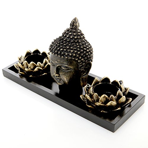 Mygift® Lotus Tea Light Candle Holders With Buddha Head Sculpture And Wood Display Tray #TOP2