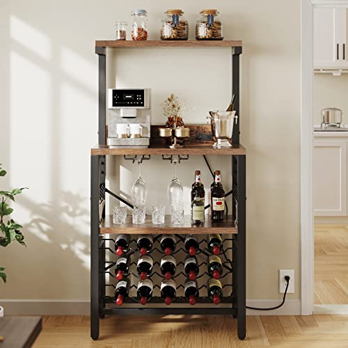 Image of YITAHOME Kitchen Microwave Bakers Stand with Wine Rack, Wine Rack Freestanding Floor Small Storage Shelves for Liquor Bottle Glasses Power Outlet Farmhouse Coffee Bar 31 Inch, Rustic Brown