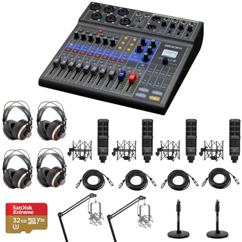 Zoom LiveTrak L-8 Portable 8-Channel Digital Mixer and Multitrack Recorder Bundle with 4x TAP300 Mic, 4x TAPH700 Headphones, 2x Arm, 2x Mic Stand, 4x XLR M to F Cable, 32GB microSD Card
