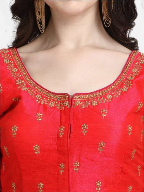 Pujia Mills Women's Flower Embroidery Sleeves Cut Work Readymade Saree Blouse (Red, 38)