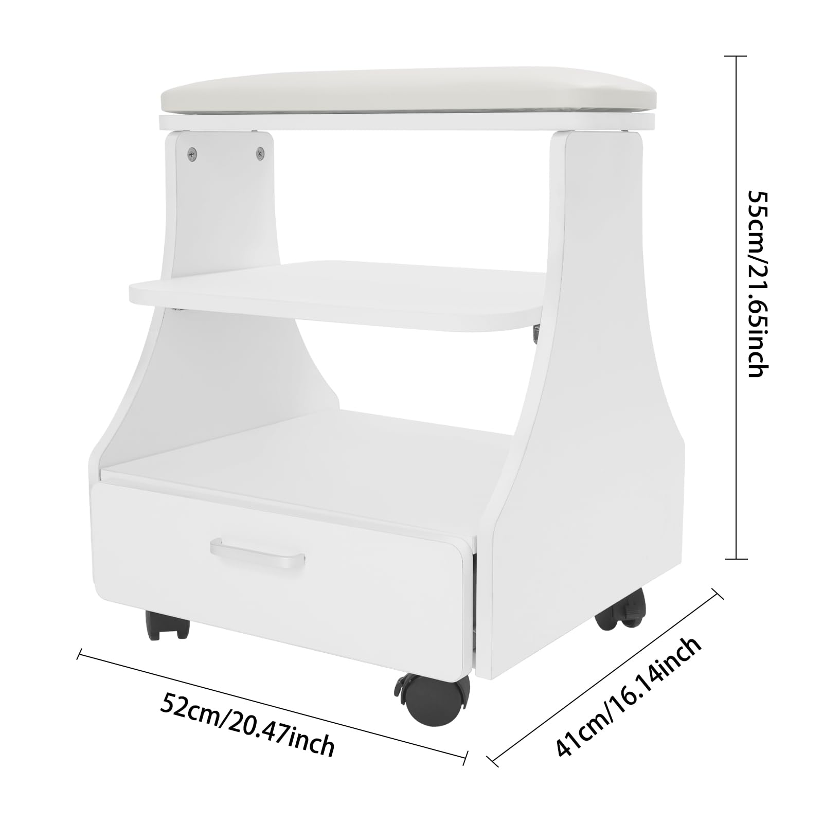 Carrito de salón con cojín, carrito de almacenamiento de 3 niveles para herramientas de manicura y pedicura, carrito para baños de pies, pedicura, accesorios de salón, hasta 50 kg, 52 x 41 x 55 cm