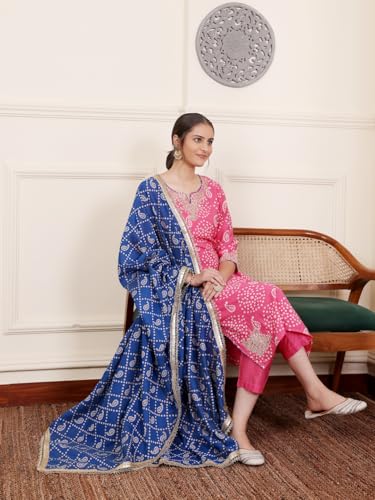 Image of SAVI Women's Chanderi Silk Bandhani Printed Kurta Set with Pure Cotton Bottom & Dupatta | Ethnic Straight Kurti Suit Set for Festive & Casual Wear